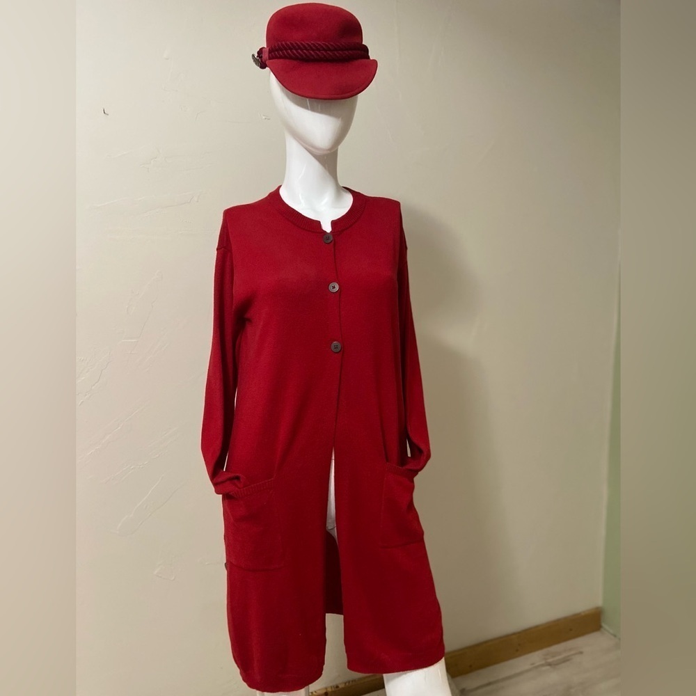 J. Jill~Cozy~Long~Red~(3) Button~Cardigan~Long Sleeve~Pockets~Side Slits~Size S